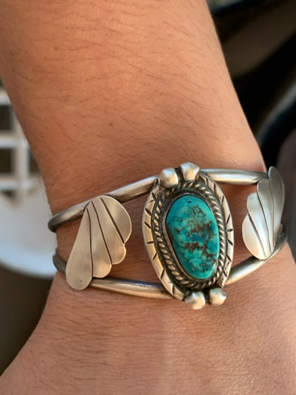 Vintage Navajo Old Pawn Sterling Turquoise Winged Cuff Bracelet